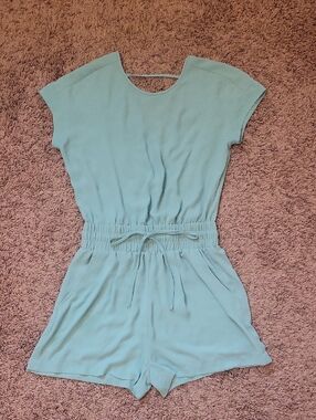 BCBGMaxAzria Light Aqua Romper with Drawstring And Open Back